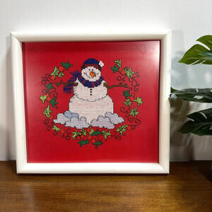Vintage Framed Cross Stitch Christmas Snowman Garland Handmade 11x10 Red